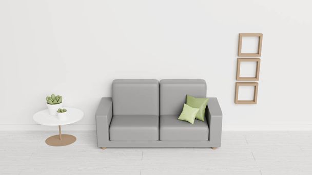 Interior de salão mínimo com um sofá cinzento com almofadas verdes, molduras decorativas e cacto sobre uma mesa. Piso de madeira. Renderização 3D
. - Foto, Imagem