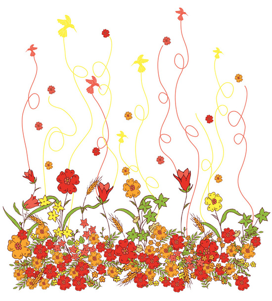Illustration vectorielle avec un petit oiseau et des digitales en fleurs colorées
. - Vecteur, image
