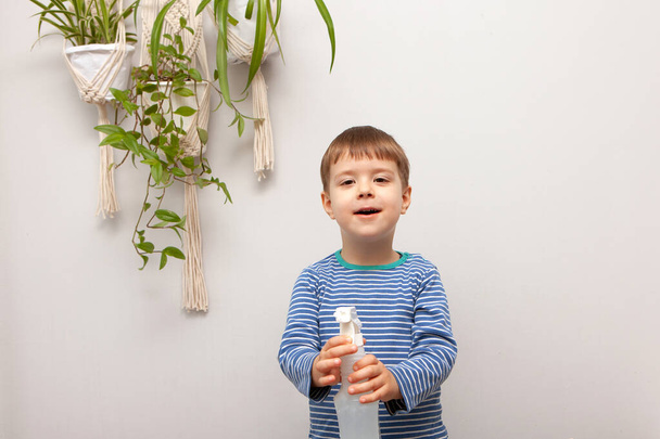 A criança cuida da planta da casa. Um rapaz pulveriza plantas em vasos. A criança cuida das plantas em casa, pulverizando a planta com água limpa de uma pistola
 - Foto, Imagem