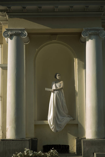 Ζωντανό γλυπτό μιας νεαρής εγκύου με μακρύ λευκό φόρεμα με ένα βιβλίο, ολόσωμο, στο βάθος ενός κίτρινου κτιρίου με άσπρες κολόνες - Φωτογραφία, εικόνα