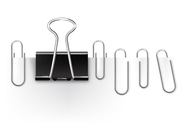 Realistic paper binders collection. Metal paper clip, holder. Design mockup. Vector illustration. - Wektor, obraz
