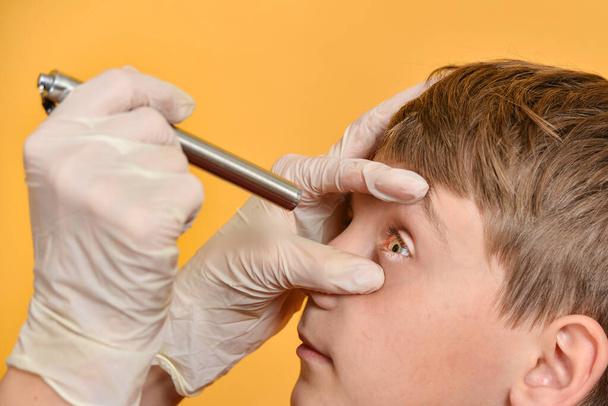 Μια γυναίκα οφθαλμίατρος γιατρός εξετάζει το μάτι ενός αγοριού με ένα διαγνωστικό ιατρικό φακό. - Φωτογραφία, εικόνα