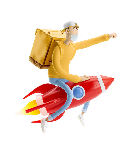 Express delivery concept. 3d illustration. Cartoon character. Delivery guy flies on a rocket with urgent order in medical mask and yellow uniform stands with the big bag.  - Photo, Image