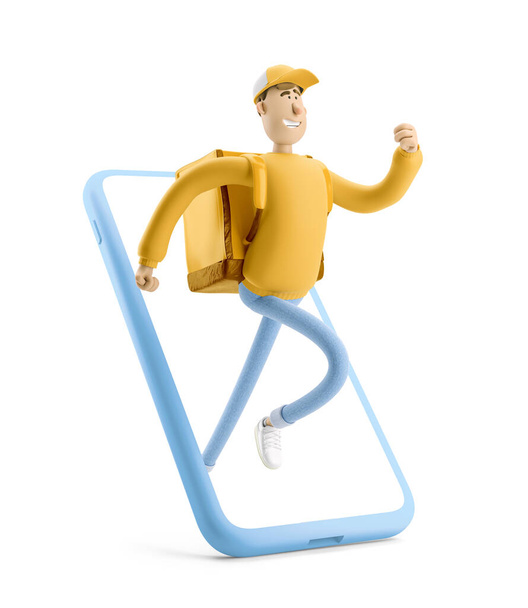 Express-Online-Lieferkonzept. 3D-Illustration. Zeichentrickfigur. Zusteller läuft zu einem Eilauftrag in gelben Uniformständern mit der großen Tüte.  - Foto, Bild