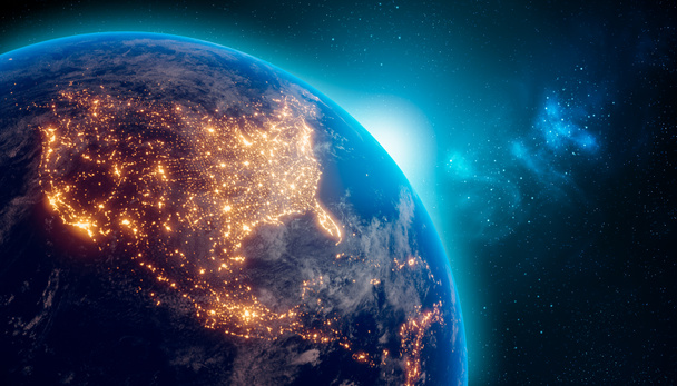 Erde in der Nacht aus dem Weltraum mit Stadtbeleuchtung auf dem nordamerikanischen Kontinent. 3D-Darstellung. Von der Nasa zur Verfügung gestellte Erdkartentextur. Energieverbrauch, Elektrizität, Industrie, Energieversorgung, Umweltkonzepte. - Foto, Bild