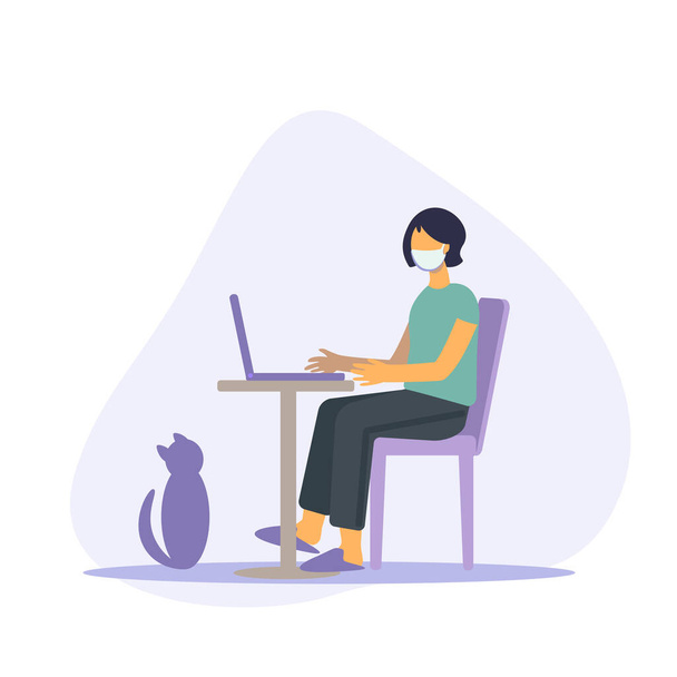 Work home. Protect yourself. Flat illustration Stay home stay safe on quarantine during the coronavirus epidemic young woman with  houseplant, laptop, desk. Coronavirus outbreak vector concept - Vector, Image