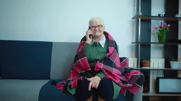 Grandmother talking on the phone, wrapped in a checkered plaid sitting on a sofa - 映像、動画