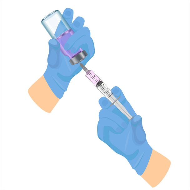 Een medische verpleegkundige met blauwe handschoenen trekt een ampul in een spuit. Medische vaccinatie tegen het coronavirus griepconcept. Injectiefles voor flacons van medisch glas. - Vector, afbeelding