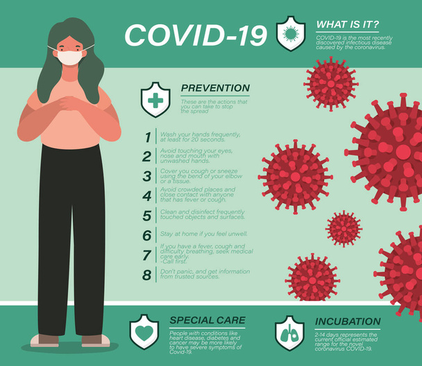 Covid 19ウイルス防止のヒントと女の子のアバターベクトルデザイン - ベクター画像