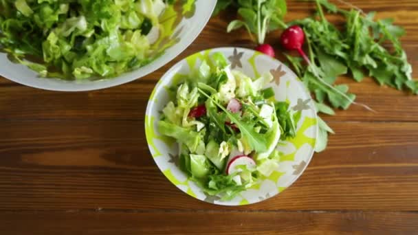 Spring salad from early vegetables, lettuce leaves, radishes and herbs in a plate on the table - Imágenes, Vídeo