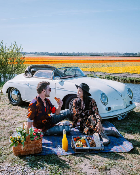 Lisse Hollanda 'da. Çift eski bir spor arabayla yolculuğa çıkıyor. Beyaz Porsche 356 Speedster, Hollanda çiçek soğanı bölgesi lale tarlalarıyla. - Fotoğraf, Görsel