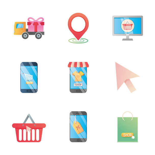 set di smartphone e icone per lo shopping online, stile dettagliato
 - Vettoriali, immagini