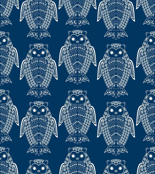 Cute owls, white drawing on dark blue night background, seamless patterns, textile design, wrapping paper, fabric ornament - Vecteur, image