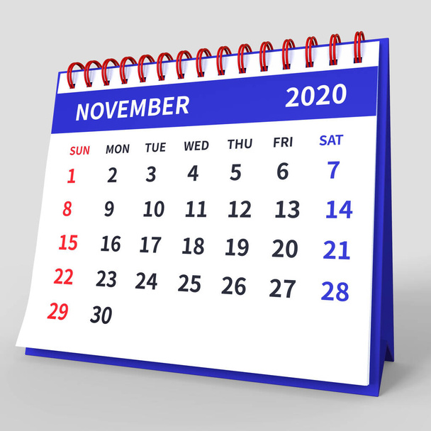 Stehtischkalender November 2020. Geschäftsmonatskalender mit roter Spiralbindung, die Woche beginnt am Sonntag. Weiße Monatsblätter auf blauem Sockel, isoliert auf grauem Hintergrund, 3D-Renderer. - Foto, Bild