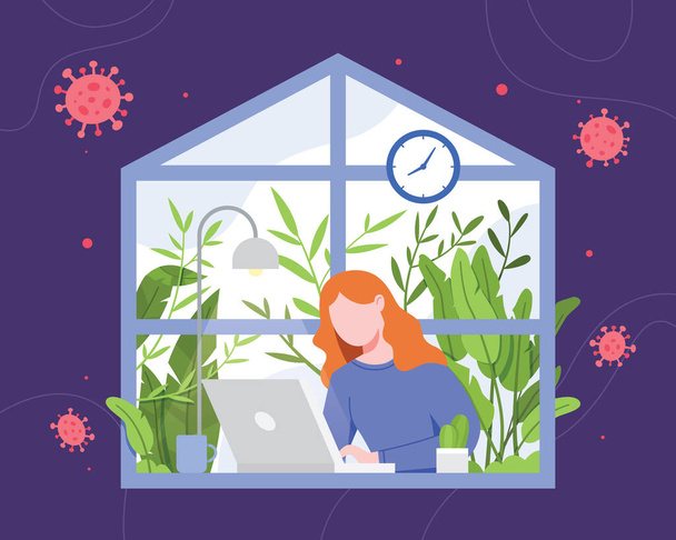 Woman working from home. Work from home during an outbreak of the COVID-19 virus. People work at home to prevent virus infection. Freelance woman working on laptop at her house. Vector in flat style - Vector, Image