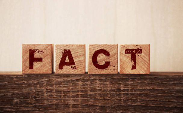 FACT Word Written In Wooden Cube. Fake and real fact and news concept. - 写真・画像