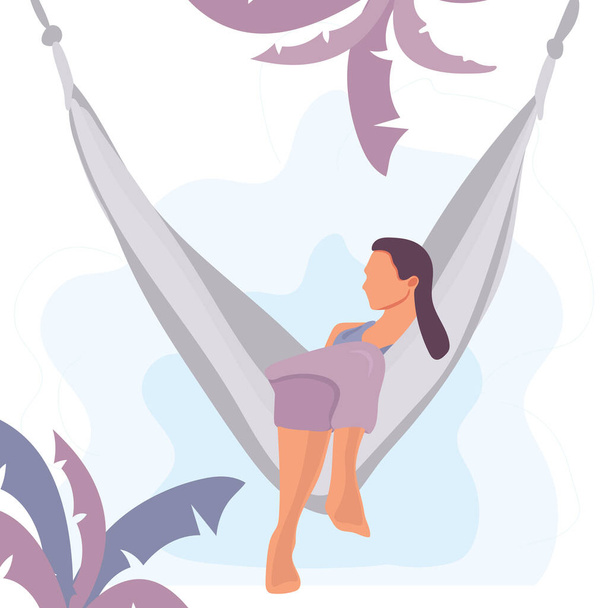 Vector stock illustratie van een zomervakantie. Vrouw liggend en ontspannend in hangmat onder palmbomen. Vrouwelijk karakter in platte stijl geïsoleerd op witte achtergrond. Reizen en toerisme vakantie. - Vector, afbeelding