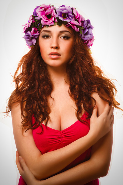 model beautiful woman face close-up of head beauty, wreath flowe - Fotoğraf, Görsel