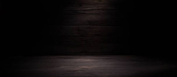 Dark wooden table for product, old black wooden perspective interior. Banner. - Φωτογραφία, εικόνα