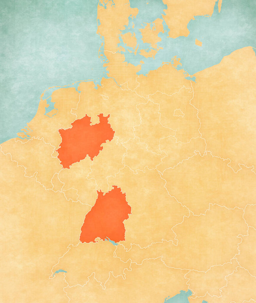 Renania del Norte-Westfalia y Baden-Wurttemberg en el mapa de Alemania en grunge suave y estilo vintage, como el papel viejo con pintura de acuarela
.  - Foto, Imagen