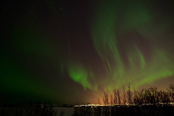 Luces boreales y luces Reykjavik de Heidmork, Islandia
 - Foto, Imagen