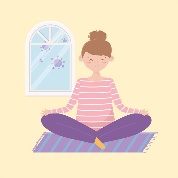 карантин остаться дома, счастливая женщина в йоге лотос поза медитации мультфильм
 - Вектор,изображение