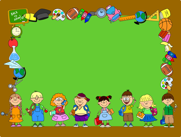 Cartoon studenten en vakken op school, vaandelframe - Vector, afbeelding