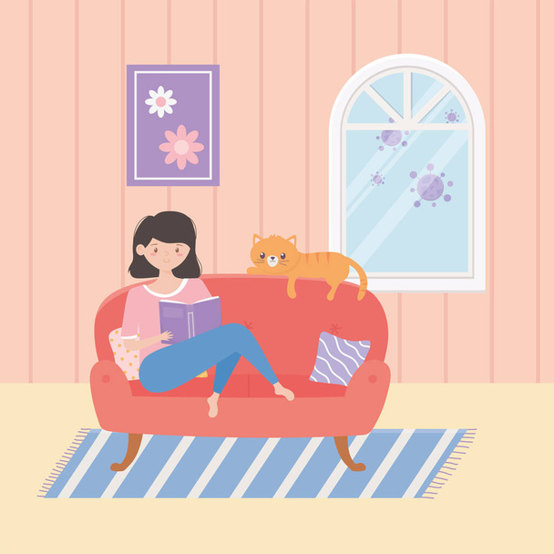 карантин остаться дома, молодая женщина читает книгу на диване с котом в комнате
 - Вектор,изображение