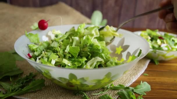 Spring salad from early vegetables, lettuce leaves, radishes and herbs in a plate on the table - Πλάνα, βίντεο