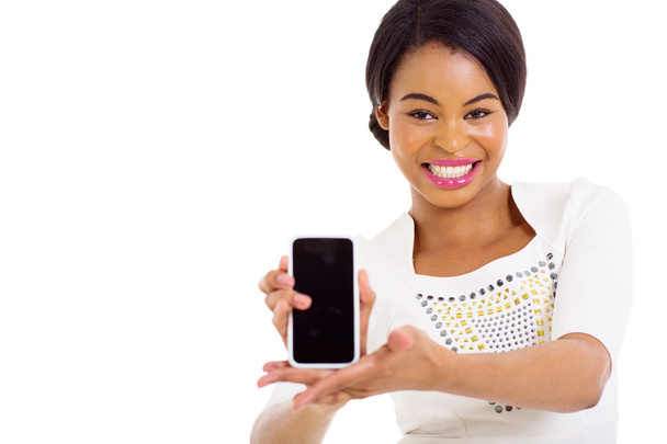 young african american woman presenting smart phone - Фото, зображення