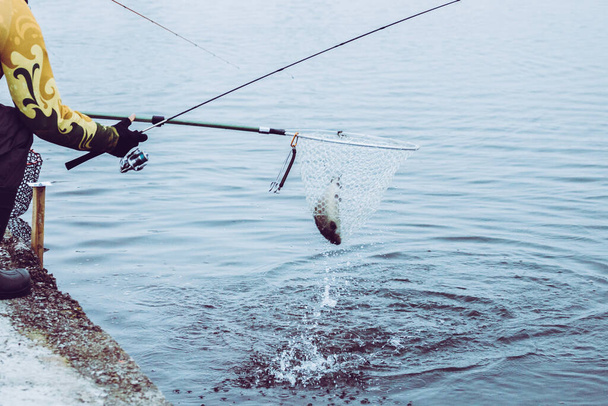 Pesca de trutas no lago. Recreação de pesca
 - Foto, Imagem