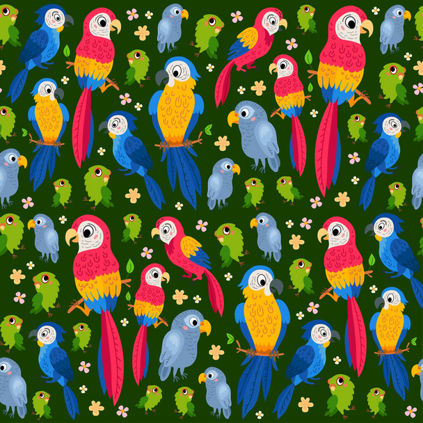 Dziecinny tropikalny wzór bez szwu z papugami - Wektor, obraz