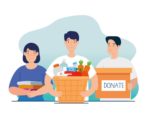 people with box and basket of charity donation - Vector, Image