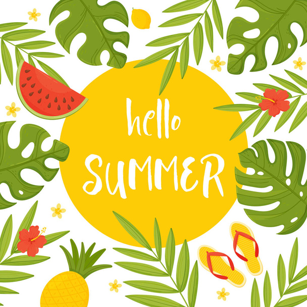 Hola verano. Banner de verano con hojas tropicales y frutas
. - Vector, Imagen