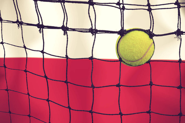 Pelota de tenis en red en el fondo de la bandera
. - Foto, imagen