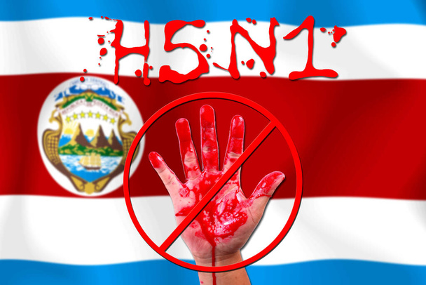 Concept arrêt à main ouverte épidémie H5N1 sur fond de drapeau
. - Photo, image