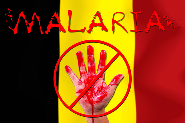Concept open hand stop Malaria epidemic on flag background. - Photo, Image