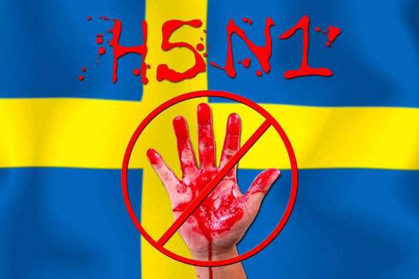 Concept arrêt à main ouverte épidémie H5N1 sur fond de drapeau
. - Photo, image