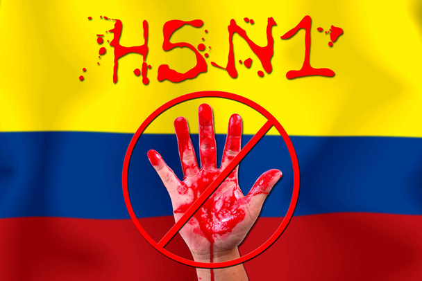 Concept open hand stop H5N1 επιδημία σε φόντο σημαίας. - Φωτογραφία, εικόνα
