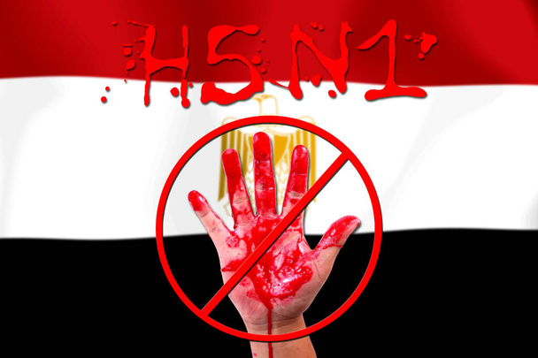 Koncepcja open hand stop epidemia H5N1 na tle bandery. - Zdjęcie, obraz