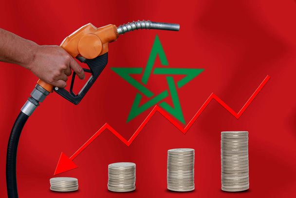 koncepcja Światowa cena ropy Wykres na tle flagi - Zdjęcie, obraz