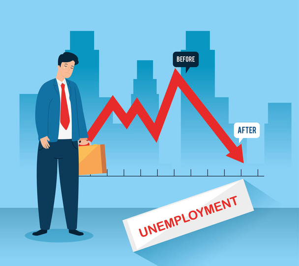 üzletember szomorú munkanélküli infografikával - Vektor, kép
