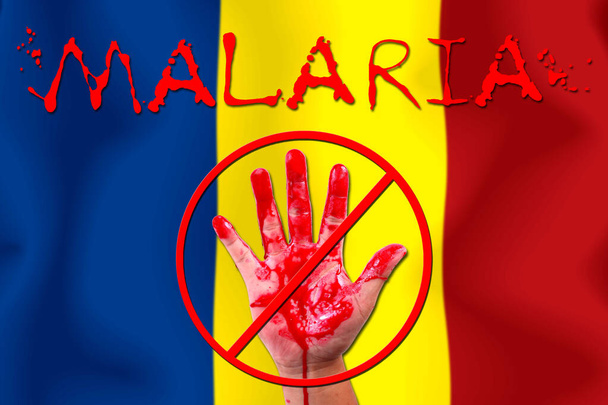 Koncepcja open hand stop epidemia malarii na tle flagi. - Zdjęcie, obraz