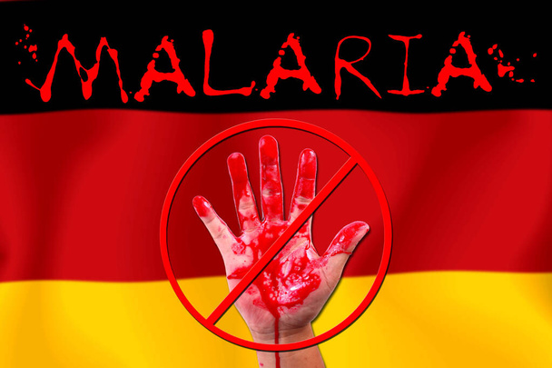 Концепція відкритої руки зупинити епідемію малярії на фоні прапора
. - Фото, зображення