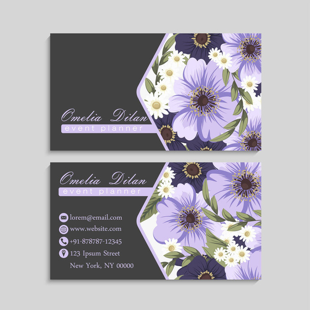 Flower business cards purple flowers vector illustration - Vetor, Imagem