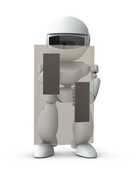 Um robô de inteligência artificial que se defende com um grande escudo. Fundo branco. Ilustração 3D
. - Foto, Imagem