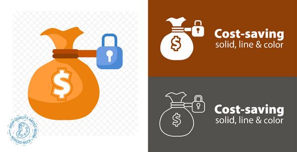 Money bag. cost saving flat icon. solid and line icon - Vector, Image
