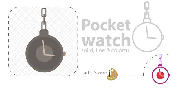 Taschenuhr mit Kettenabbildung. Flache Linie - Vektor, Bild