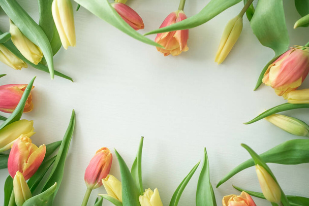 Rote und gelbe Tulpen werden in einem Rahmen ausgelegt. Internationaler Frauentag, Muttertag, zärtliche Wünsche. Gedämpfte Töne. - Foto, Bild