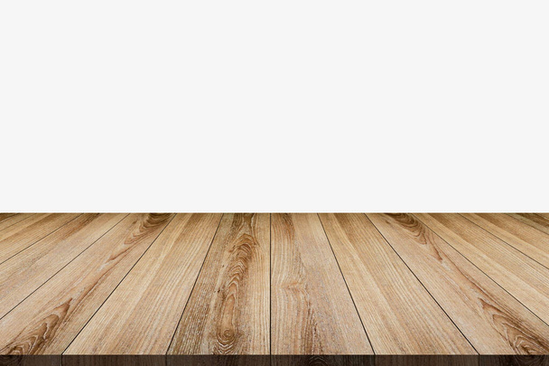 Ξύλινο ταμπλό πρότυπο mockup για τα εμπορεύματα οθόνη, ξύλινο ράφι τραπέζι απομονωμένο σε γκρι φόντο - Φωτογραφία, εικόνα